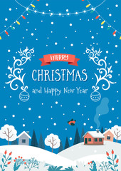 Winter landscape with cute houses and hanging lights. Christmas greeting card template. Vector illustration in flat style