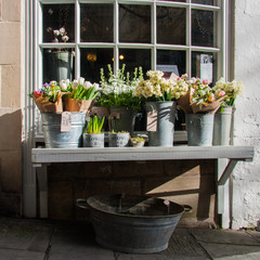 Flower stand with fresh bouquets