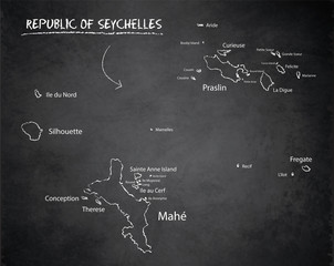 Seychelles map with names of Seychelles islands,  design card blackboard chalkboard vector