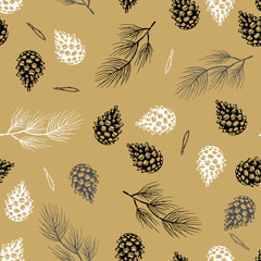 Xmas Seamless pattern with Christmas Tree Decorations, Pine Branches hand drawn art design vector illustration.