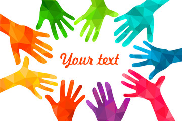 Colorful up hands. Vector illustration, an association,  unity, partners, company,  friendship, friends background Volunteers celebration birthday celebration, dancing, disco dance joy fun corporate