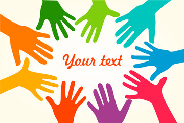 Colorful up hands. Vector illustration, an association, unity, partners, company, friendship, friends background Volunteers celebration birthday celebration, dancing, disco dance joy fun corporate