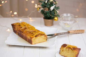 Homemade orange bundt cake. Christmas and Winter Holidays homemade cake. Orange cake