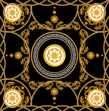 Versace Style Pattern Ready for Textile. Scarf Design for Silk Print.  Golden Baroque with Chains on Black Background. Stock Illustration | Adobe  Stock