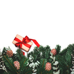 Gift in paper wrapping with red bow near green beautiful branches of pine tree with cones. Place for the text. Flat lay.