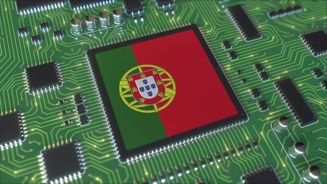 National flag of Portugal on the operating chipset. Portuguese information technology or hardware development related conceptual 3D animation
