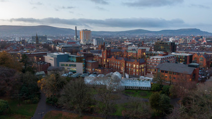 Aerial view buildings in City center of Belfast Northern Ireland. Drone photo, high angle view of town