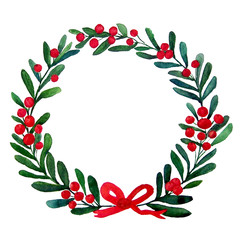 isolated Christmas wreath decoration with ribbon in watercolor painting with path for Adobe program painted with red and green which is symbolic for Christmas