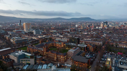 Obraz premium Aerial view buildings in City center of Belfast Northern Ireland. Drone photo, high angle view of town