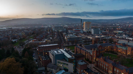 Aerial view buildings in City center of Belfast Northern Ireland. Drone photo, high angle view of...