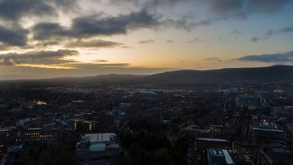 Aerial view buildings in City center of Belfast Northern Ireland. Drone photo, high angle view of town