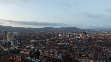 Aerial view buildings in City center of Belfast Northern Ireland. Drone photo, high angle view of town