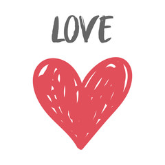 Heart doodle icon with Love text word. Hand drawn sketch illustration.