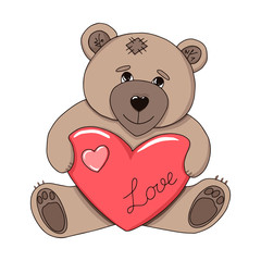 Color vector illustration. Sad Teddy bear holds heart and misses. The toy bear is hand drawn and isolated on a white background