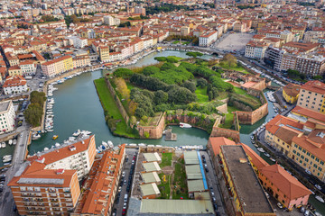 aerial view from drone to ruins of old fortress and city in Livorno in Tuscany in Italy