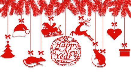 Lettering Happy New Year in the shape of a ball. Santa Claus hat, deer, heart, gift, Rats and New Year tree. Cut out of paper. illustration