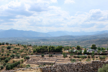 Fototapeta na wymiar View to lower city from ruins of Mycenae acropolis, Peloponnese, Greece