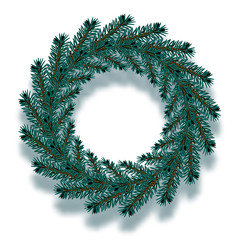 Fototapeta na wymiar Christmas, New Year. Dark blue spruce branches in the form of a Christmas wreath with shadow. illustration