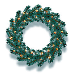 Fototapeta na wymiar Christmas, New Year. Dark blue branches of spruce in the form of a Christmas wreath with gold stars and shadow. illustration