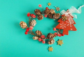 Christmas decorations. New Year decoration. Holiday decorations on a light green background.