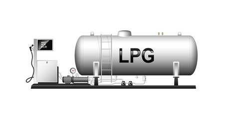 Automotive modular filling with liquefied gas. Large cylindrical cylinder with natural gas. Liquefied petroleum gas. Column with a hose for refueling cars. - obrazy, fototapety, plakaty
