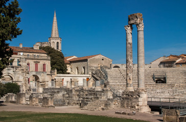The ruin of the Roman Theatre of Arles back stage area, Arles, France.
