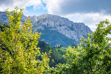 View from Podolševa over tiny hut to mountain Raduha, Slovenia