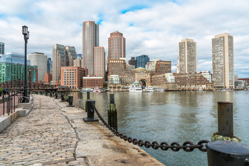 View Boston waterfront on a party cloudy autumn day