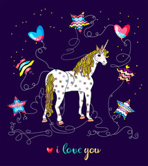 Cute greeting card with starry unicorn, wonderful star shaped balloons, text i love you isolated on purple background
