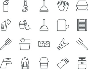 household vector icon set such as: set, tub, linear, bin, beautiful, aero, electronics, bucketful, icons, pictogram, hold, box, clip, cord, restaurant, neat, electrical, janitor, clamp, potholder
