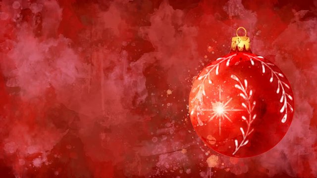 Watercolor Christmas decoration red ball on the back-ground of colored blots.