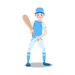 Boy standing and holding baseball bat during game vector illustration