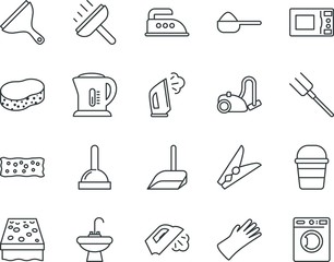 household vector icon set such as: washstand, plumber, bag, broomstick, janitor, plant, can, drum, peg, coffee, hang, stick, dirt, remove, protect, faucet, clothespin, load, pail, dig, job, thermal