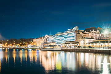 Helsinki, Finland. Night View Of Etelaranta Street. Vanha Kauppahalli, Old Market Hall