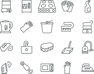 household vector icon set such as: frame, broomstick, vacuum, appliances, purity, soap, morning, gas, garden, winter, thermal, drain, ice, fabric, new, warm, clogged, bucketful, microwave, pad