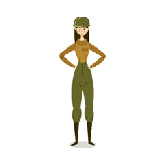 Woman in green and brown camouflage military uniform illustration