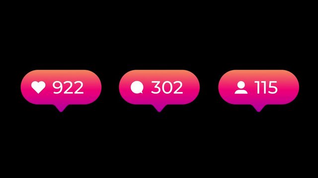 Red and pink gradient social media round likes, comments and followers counters. Additional white Luma Matte included to make transparent background and place this graphic element over your video.