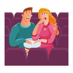 Cute couple man and woman sitting in the cinema with popcorn. Man hugging woman lovingly. Vector illustration in flat cartoon style.