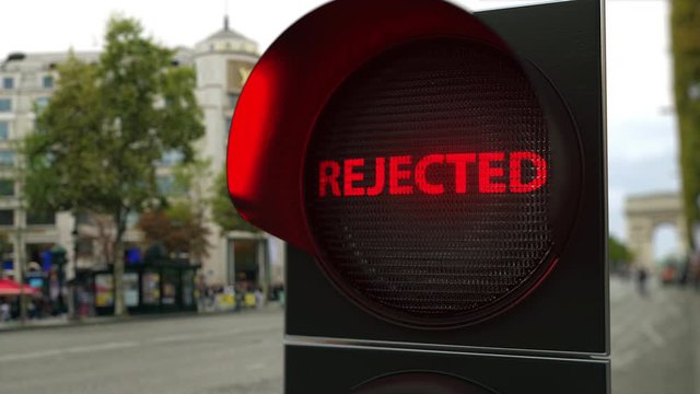 REJECTED text on red traffic light signal. Conceptual 3D animation