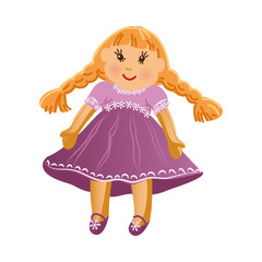 Cute happy smiling blonde girl doll with two long braids in the purple dress. Vector illustration in flat cartoon style.
