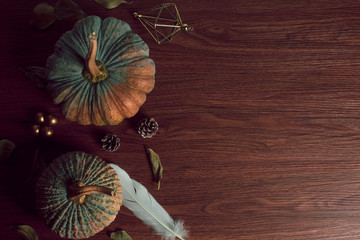 happy holiday of thanksgiving festive celebration with pumpkin dinner food decoration on vintage wood table background