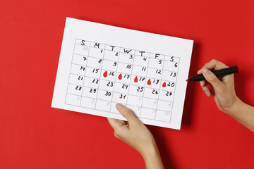 The girl notes on the calendar the days of ovulation on a red background. Ovulation concept....