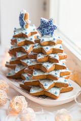 Obraz na płótnie Canvas Traditional handmade decorated Christmas tree shaped gingerbread cookies on the plate on the windowsill, the Christmas light garlands around