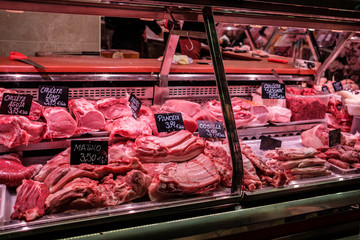 Fresh raw meat sold at the market in Alicante, Spain