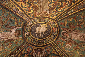 Fototapeta na wymiar Interior of Basilica of San Vitale, which has important examples of early Christian Byzantine art and architecture. San Vitale Ravenna