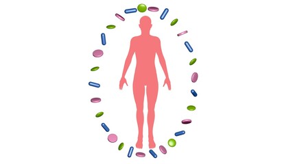 Variety of medications , capsules ,  pills  circling around female body figure.  Solid white background . 3d rendering