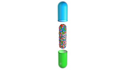 Pill capsule opens releasing medication inside. Tablet containing molecules, medicine. 3d rendering illustration