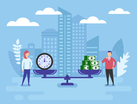 Business concept. Time and money on the scale on the city background. Business people near the scales.