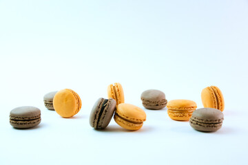 Macaroons on white background top, colorful macaroons, selective focus