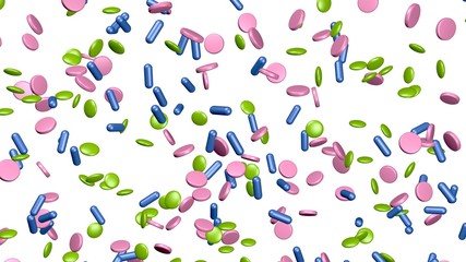 Variety of medications , capsules ,  vitamins pill shapes .Solid white background .3d rendering isolated on white background